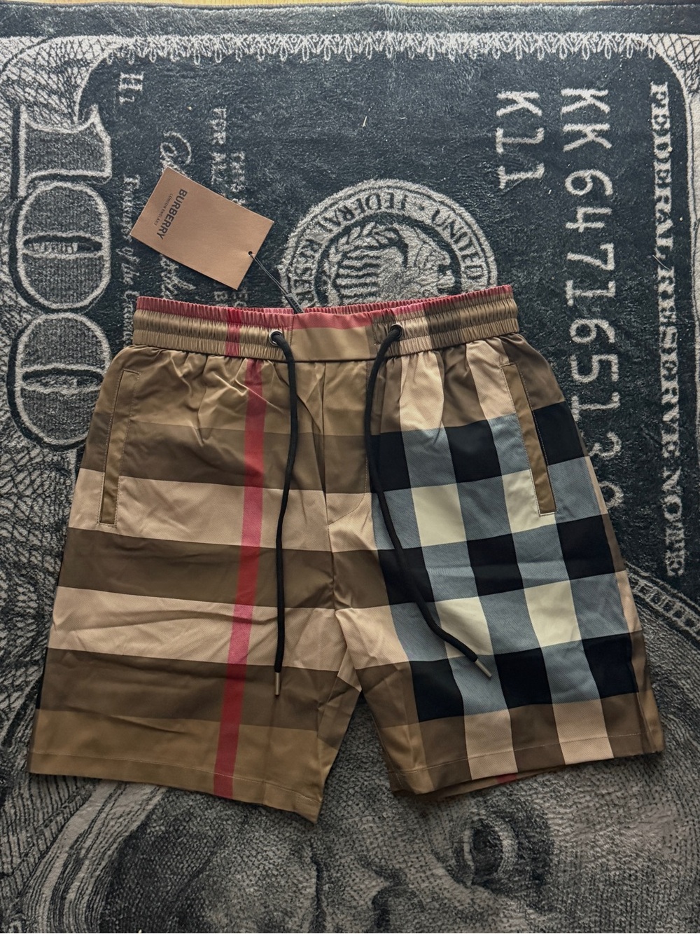 Large Burberry Men's Plaid Hybrid Shorts in Brown, Black & Red